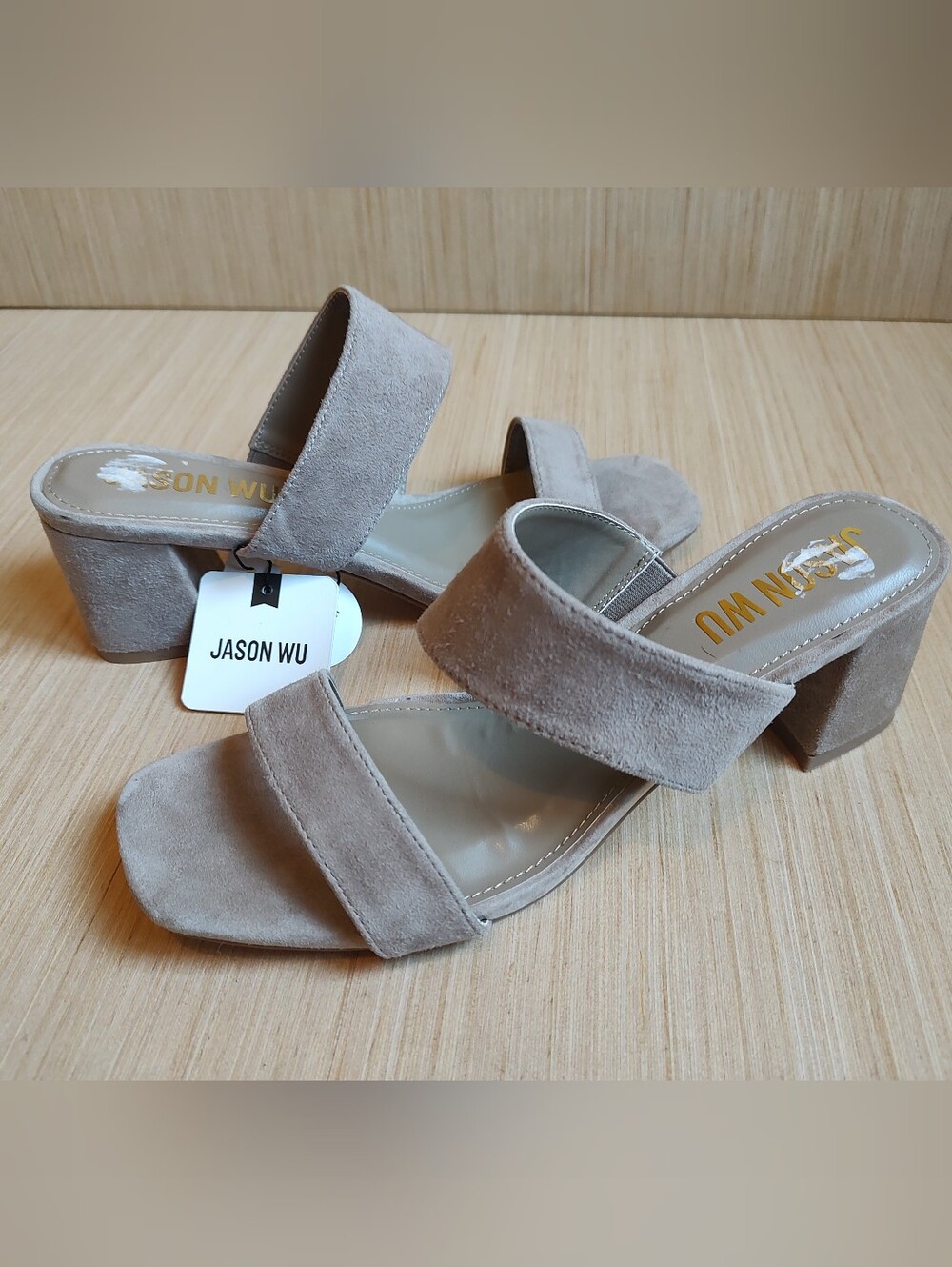 Jason Wu Jammie Suede Slides Sandals Taupe Grey Beige Heels Double Strap 8.5 NWT